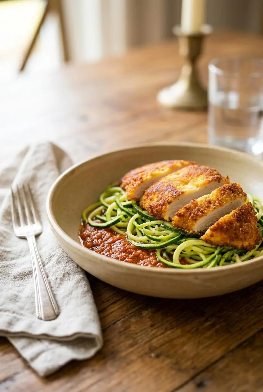 Sliced keto parmesan crusted chicken served over garlic zucchini noodles with a touch of low-carb marinara sauce.