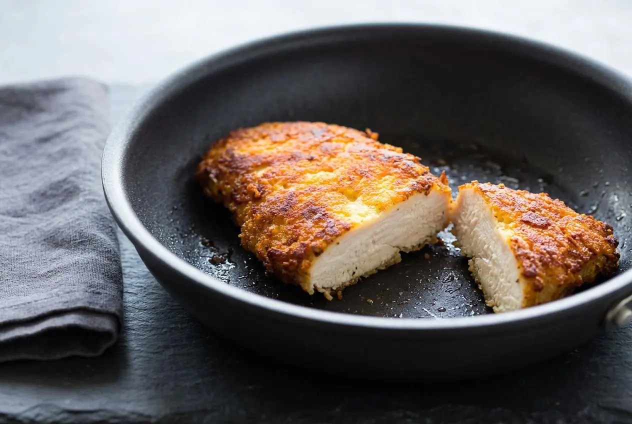 Crispy keto parmesan crusted chicken breast cutlet cooked to a golden brown.