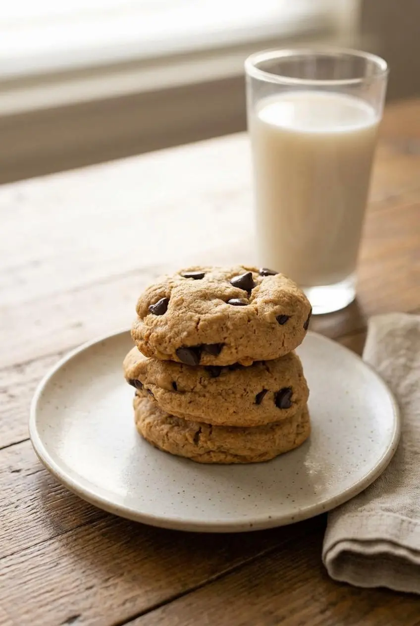 Stack of keto peanut butter chocolate chip cookies on a ceramic plate served with a glass of almond milk.