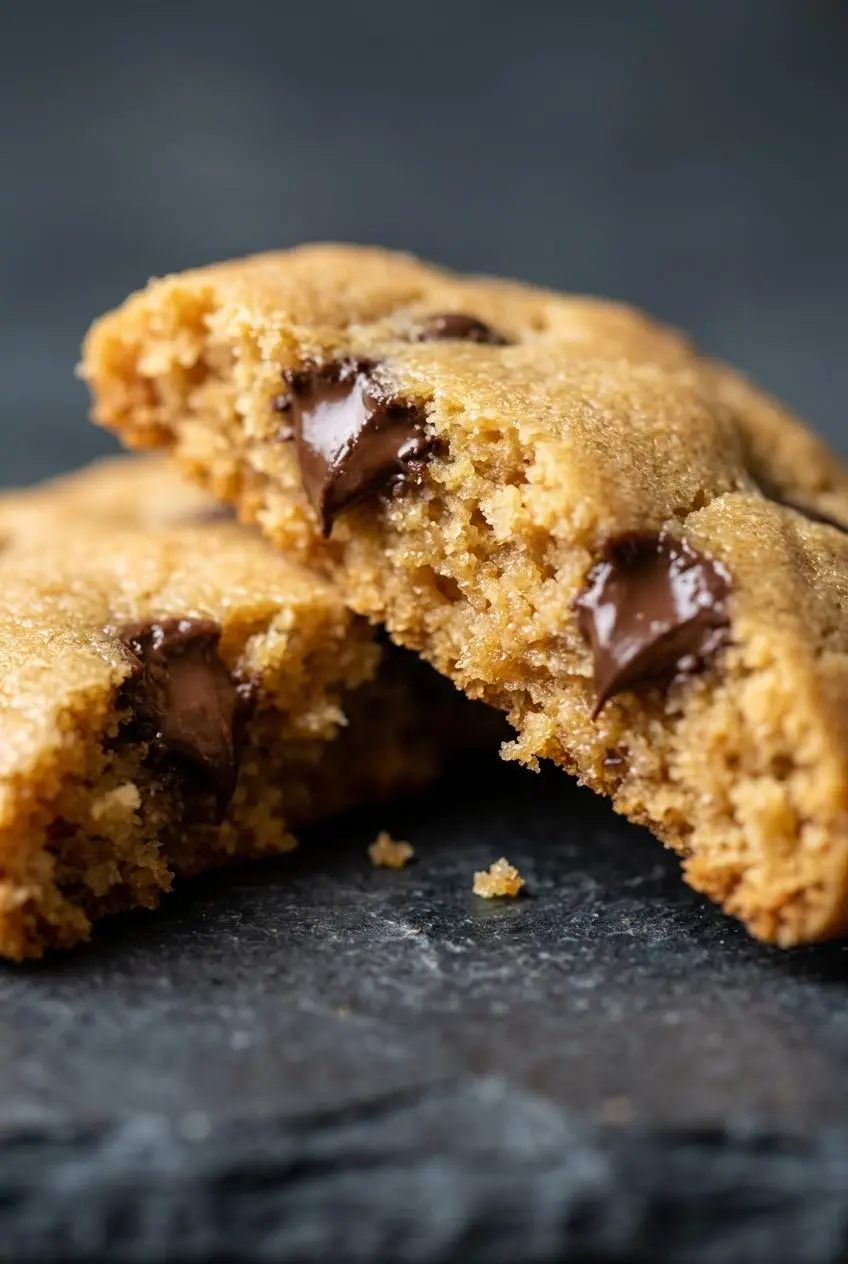 Broken keto peanut butter cookie showing a moist, tender interior crumb and soft melted chocolate chips.