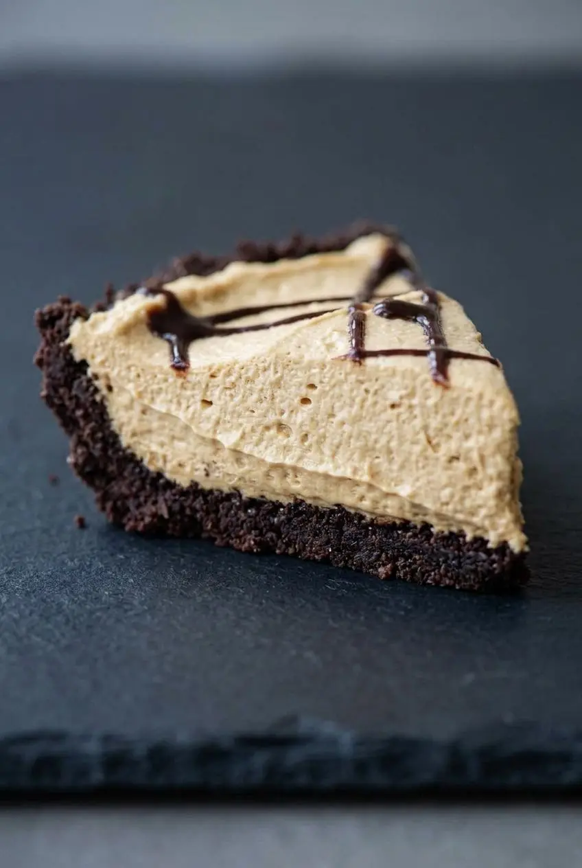 Macro cross section of a keto peanut butter pie slice showing smooth filling and firm crust.