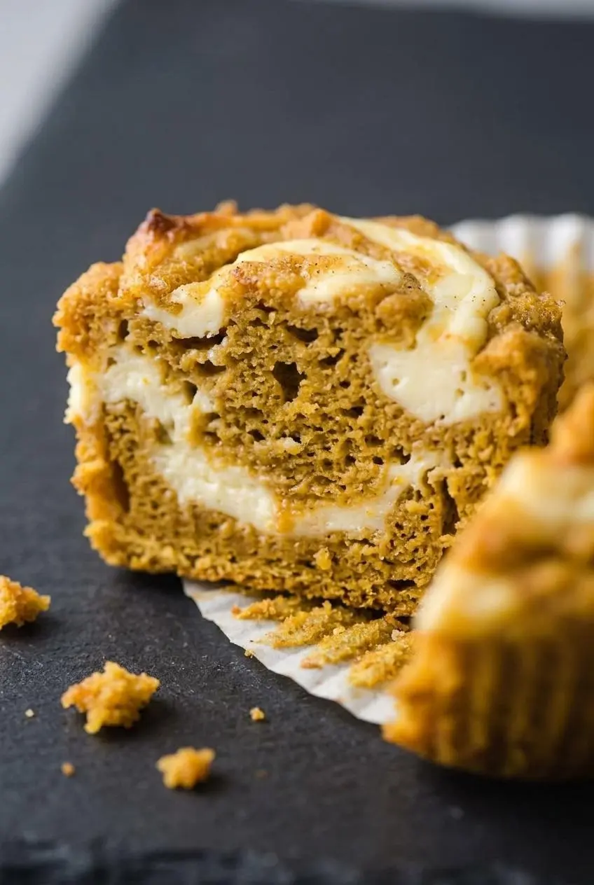 Cross-section of a keto pumpkin muffin showing a tender almond flour crumb and creamy cheesecake center.