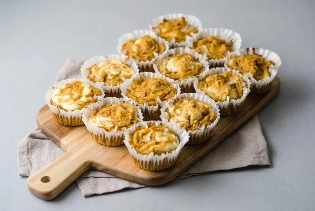 Keto pumpkin cream cheese muffins with a golden spiced crumb and silky cheesecake swirl on top.