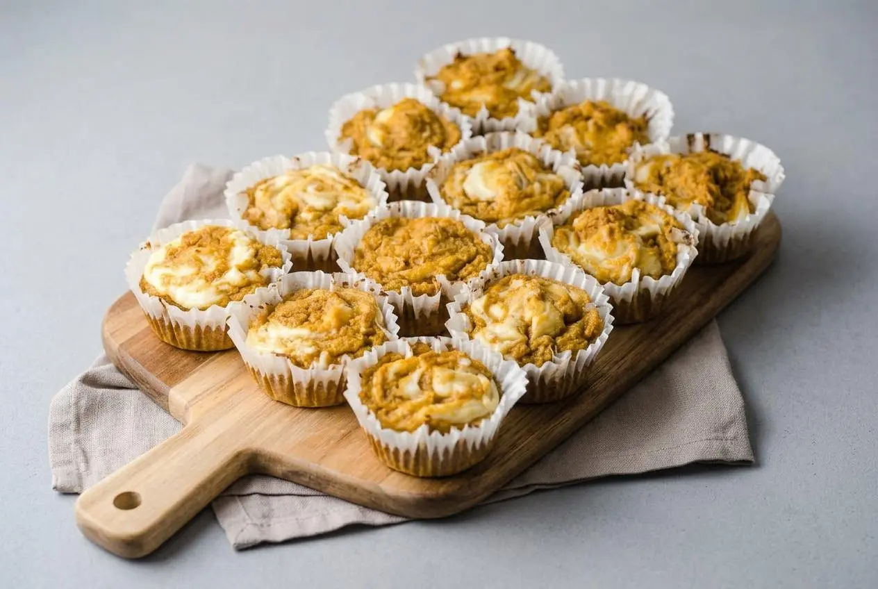 Keto pumpkin cream cheese muffins with a golden spiced crumb and silky cheesecake swirl on top.