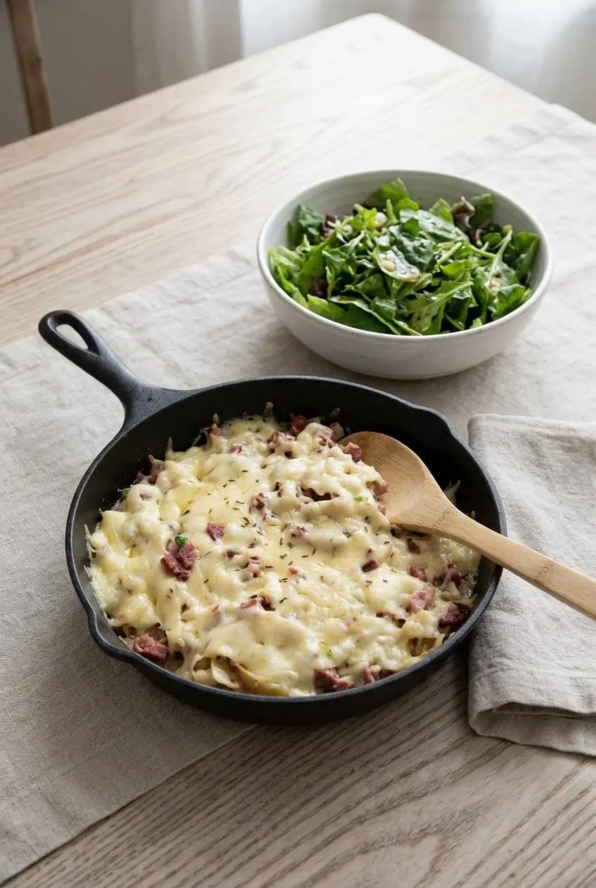 Cast iron skillet of keto reuben casserole served on a dinner table next to a crisp green side salad.