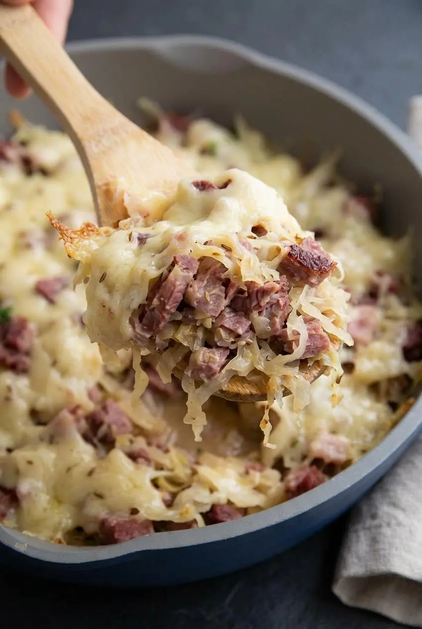 Macro view of melted Swiss cheese stretching over corned beef and sautéed cabbage without excess pan liquid.
