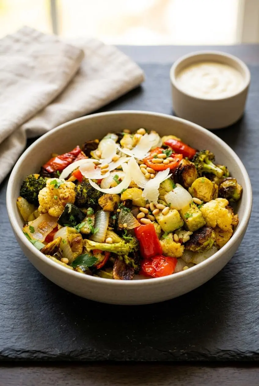 Roasted low-carb vegetables in a matte ceramic bowl topped with shaved parmesan and toasted pine nuts.