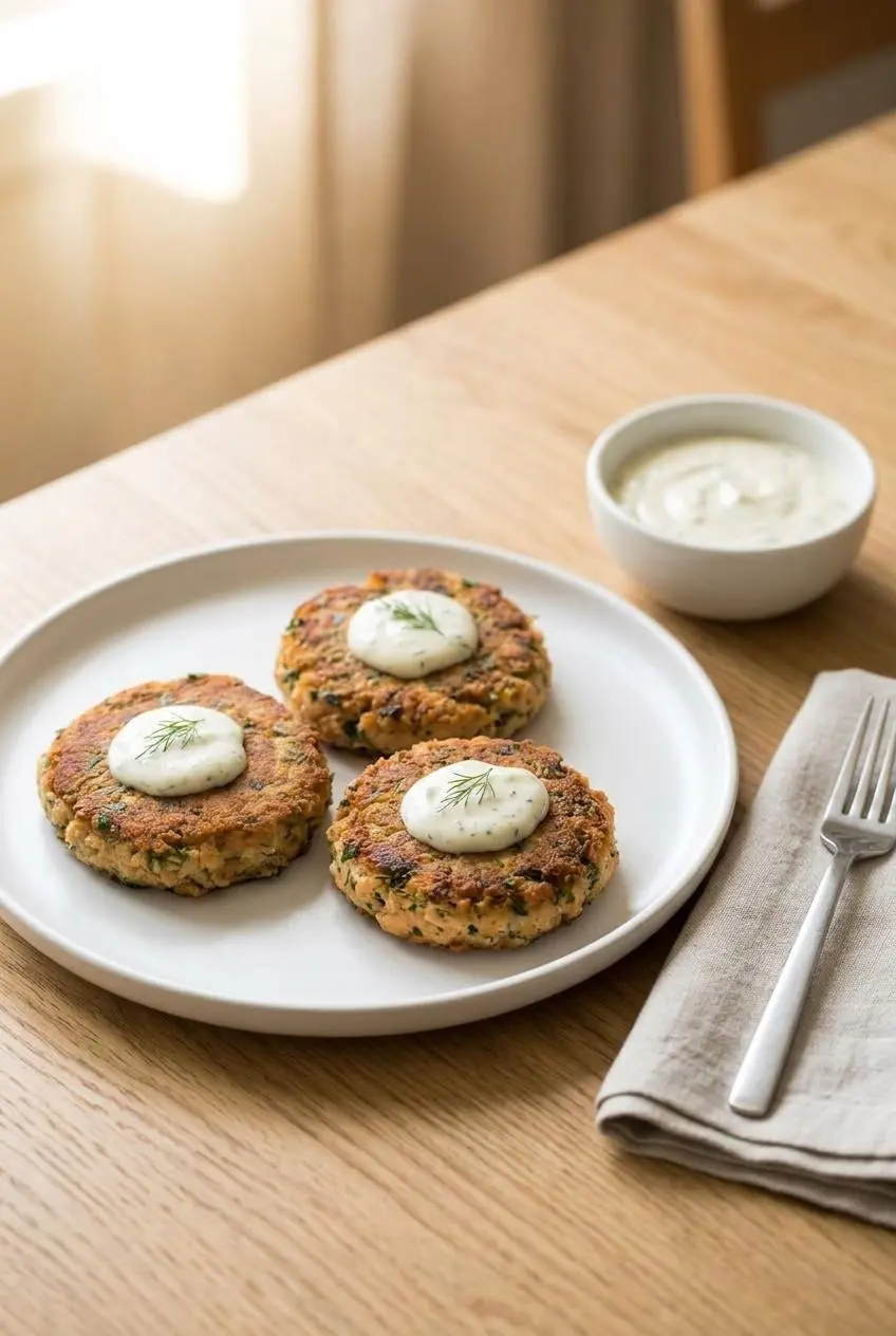 Three golden keto salmon patties on a white plate served with creamy lemon garlic aioli.