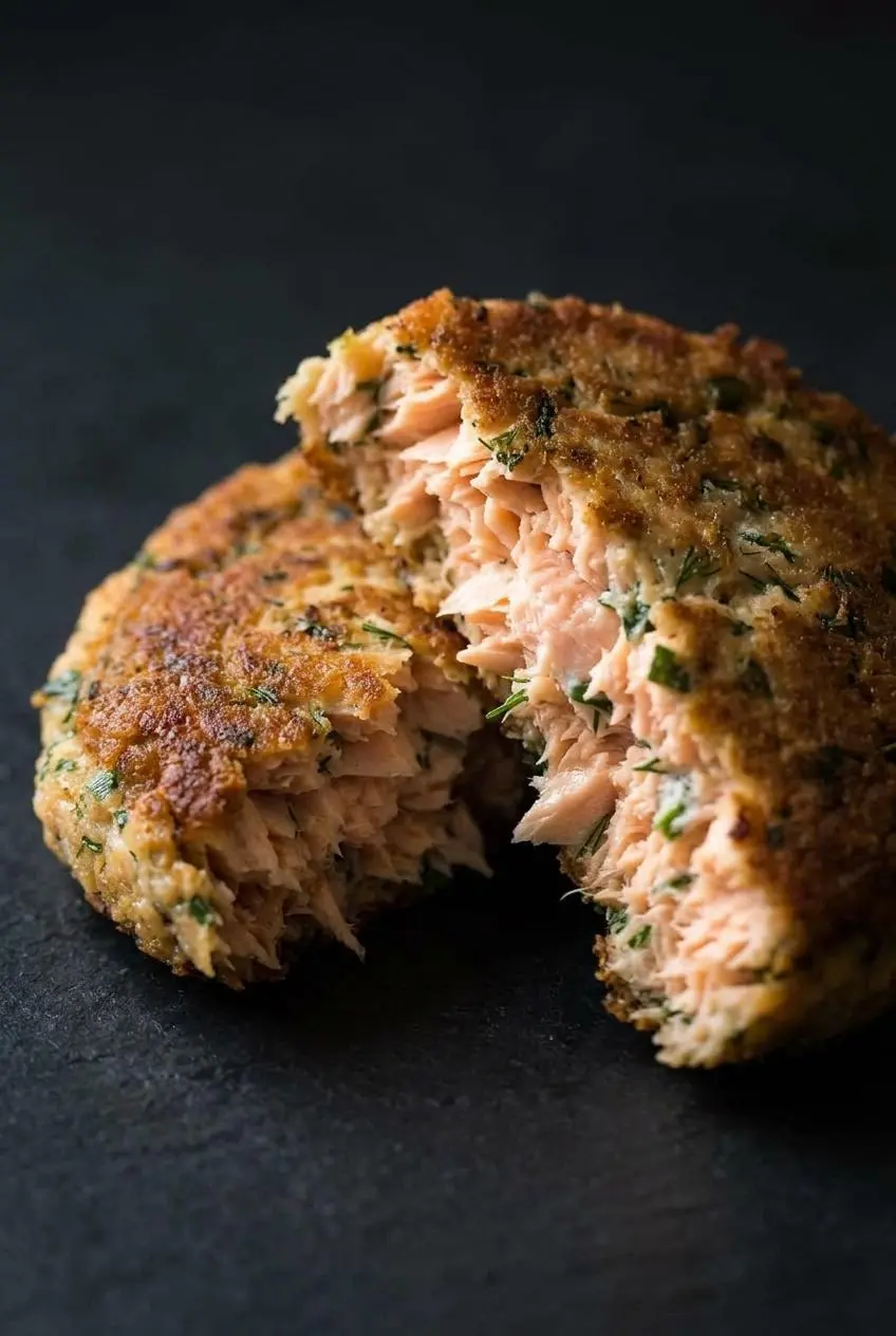 Close-up of a cooked keto salmon patty split open to reveal a flaky pink interior with fresh dill and chives.