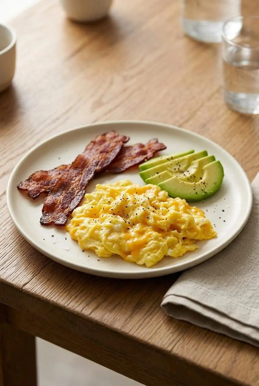 A breakfast plate of keto scrambled eggs, sliced avocado, and crispy bacon on a rustic wooden table.