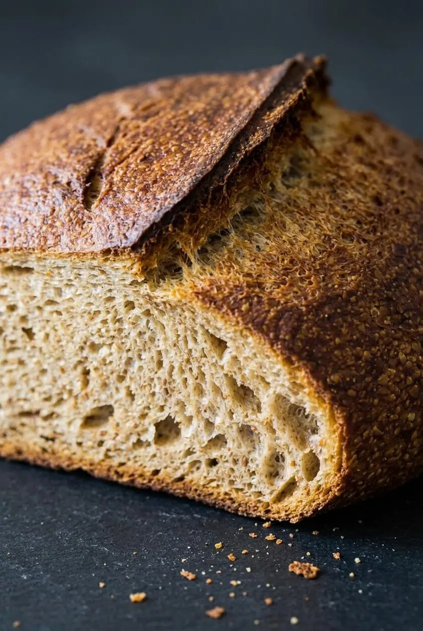 Close-up view of sliced keto sourdough bread showing an airy, springy crumb structure with golden flaxseed flecks.