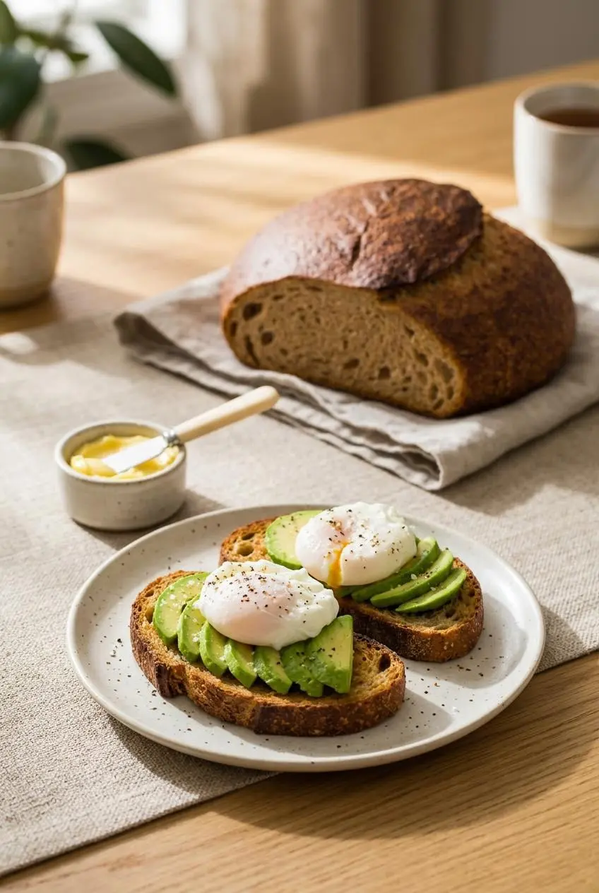 Toasted keto sourdough bread topped with sliced avocado and a poached egg, served with cultured butter.