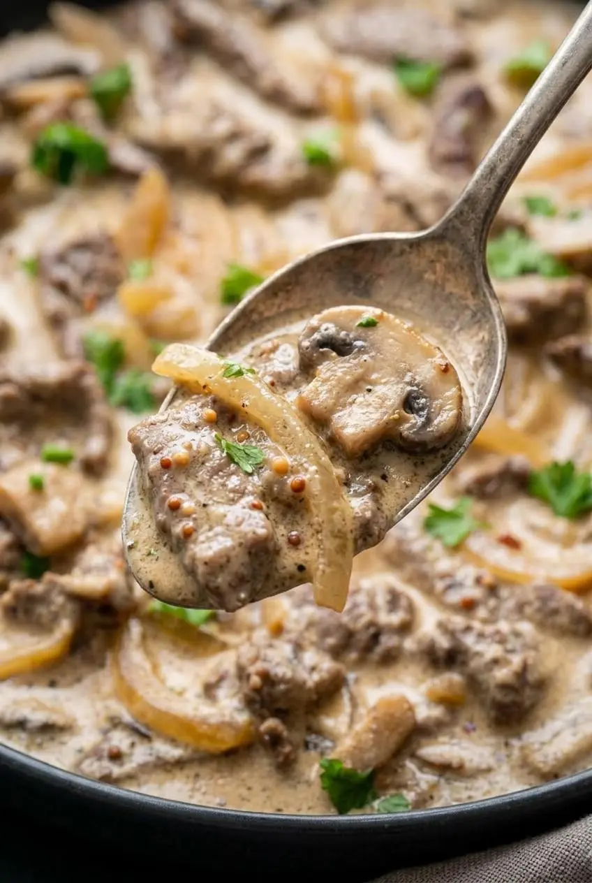 Close-up of a silver spoon lifting thick, velvety keto stroganoff gravy with bits of sliced chestnut mushroom.