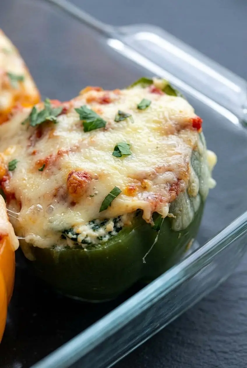 Close-up of bubbly, golden-brown broiled mozzarella cheese melted over a lasagna-style stuffed green pepper.