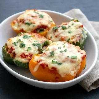 Keto stuffed peppers recipe showing a green bell pepper baked with a bubbly, golden-brown mozzarella top.