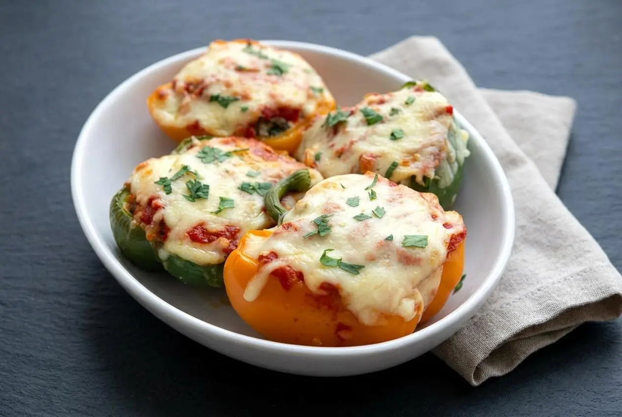 Keto stuffed peppers recipe showing a green bell pepper baked with a bubbly, golden-brown mozzarella top.