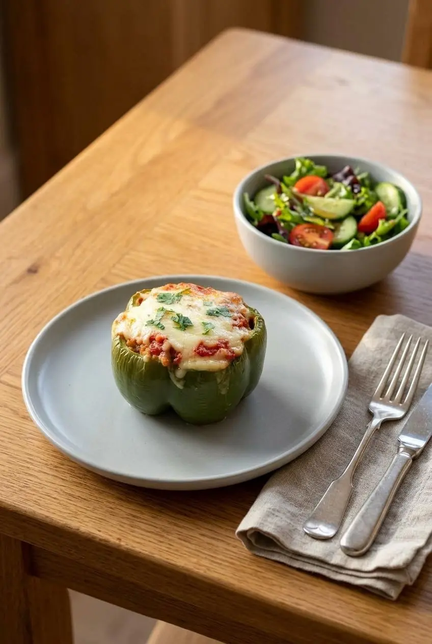 A single plated keto stuffed pepper served next to a fresh crisp side green salad on a rustic wooden table.