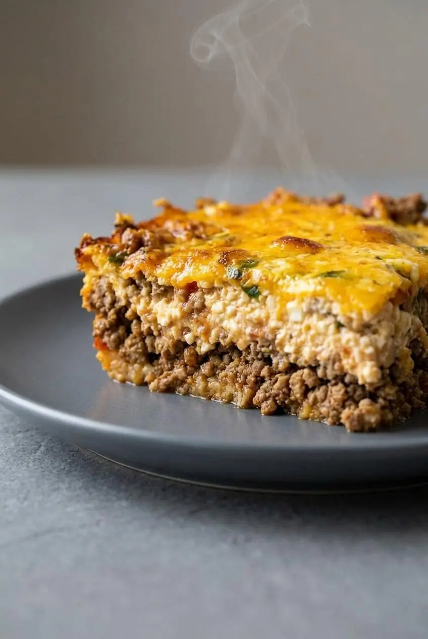 A neat slice of keto taco casserole on a plate showing distinct, dry layers of seasoned beef and creamy cheese.
