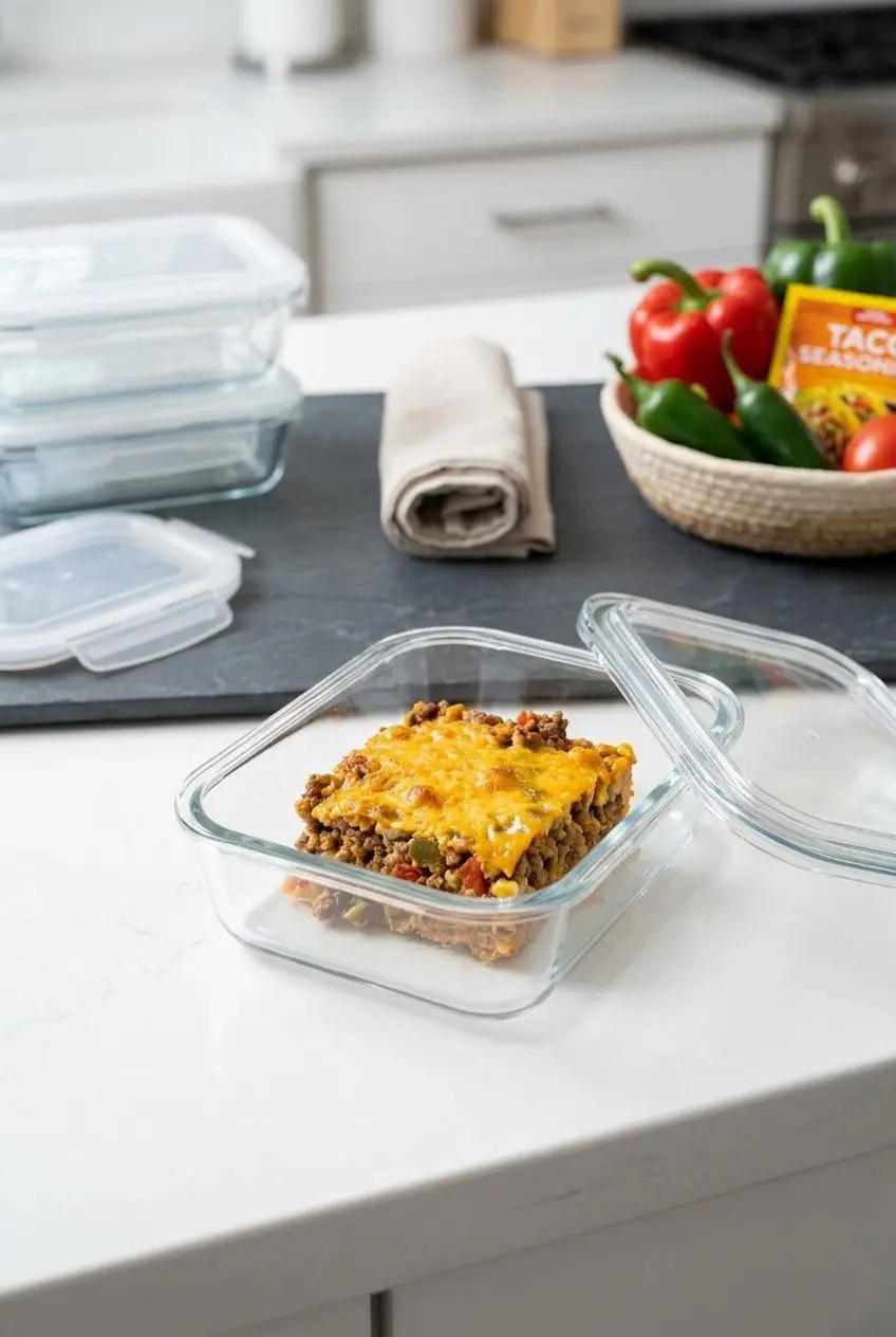 A single portion of cooked keto taco casserole inside a glass meal prep storage container with an open lid.