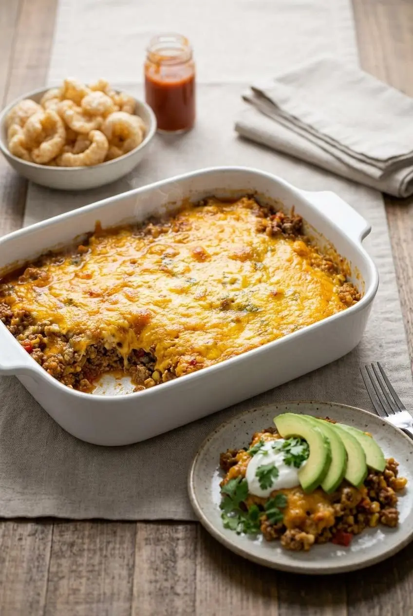 Keto taco casserole served on a wooden table, garnished with sour cream, sliced avocado, and fresh cilantro.
