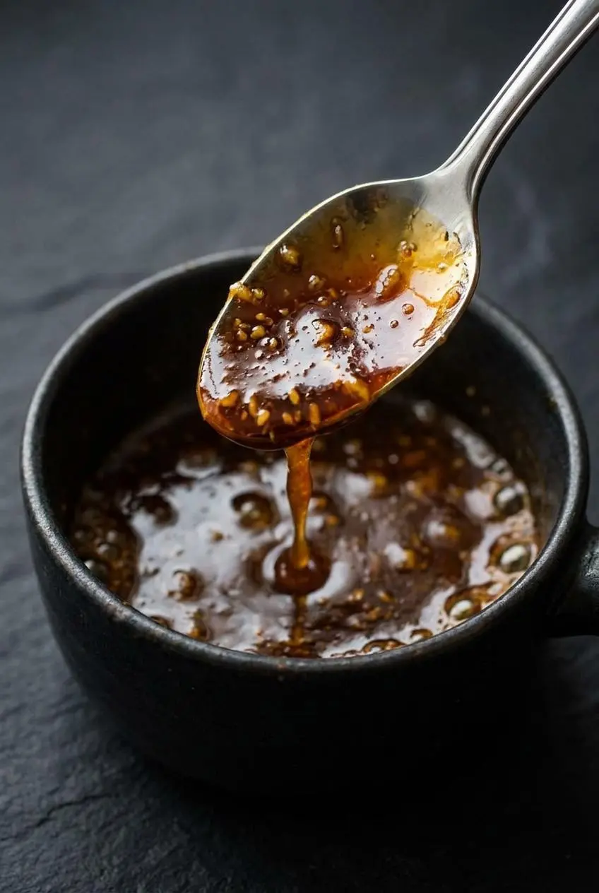 Thick and glossy sugar-free teriyaki sauce coating a silver spoon as it lifts from a simmering pot.