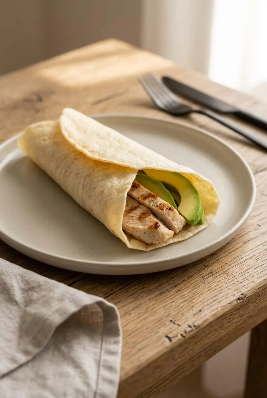 A warm low carb wrap filled with grilled chicken strips and fresh avocado slices on a minimalist plate.