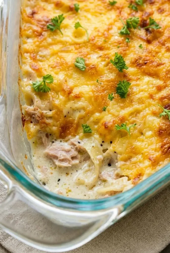 Close-up of keto tuna noodle casserole showing velvety cream sauce and melted golden cheese edges.