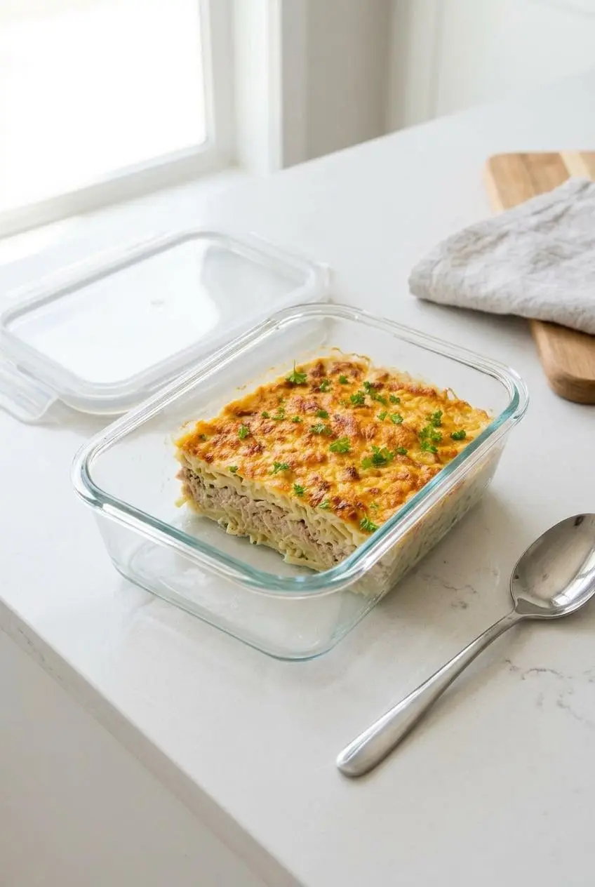 Refrigerated keto tuna noodle casserole portion stored in a rectangular glass meal prep container.