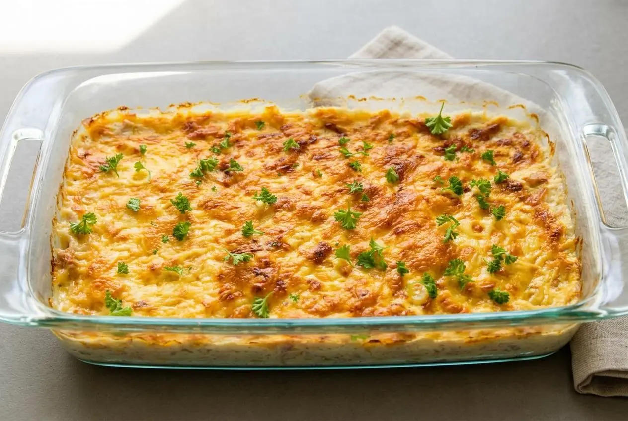 Keto tuna noodle casserole with tender pasta ribbons and a bubbly golden Gouda cheese crust in a baking dish.