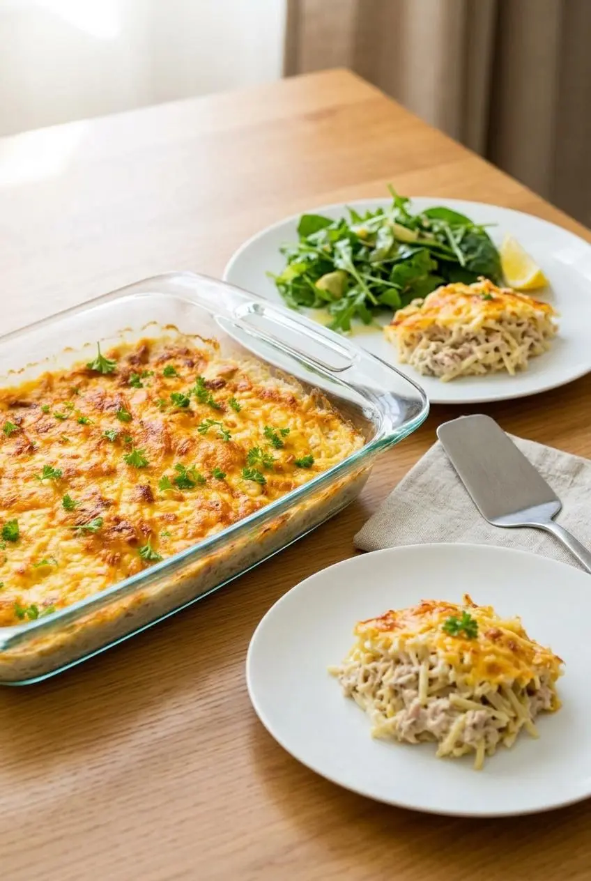 Plated keto tuna noodle casserole slice served with a crisp green salad on a wooden table.