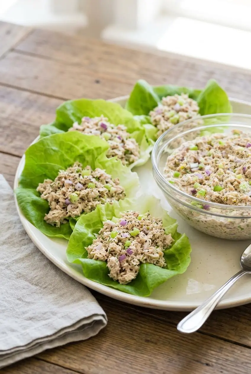Crisp green butter lettuce cups filled with creamy keto tuna salad served on a ceramic platter.