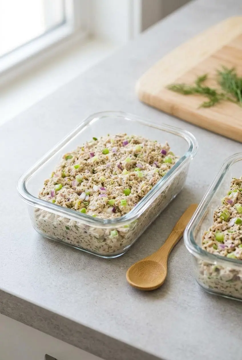 Keto tuna salad packed in a glass meal prep container next to its bamboo lid on a white quartz countertop.
