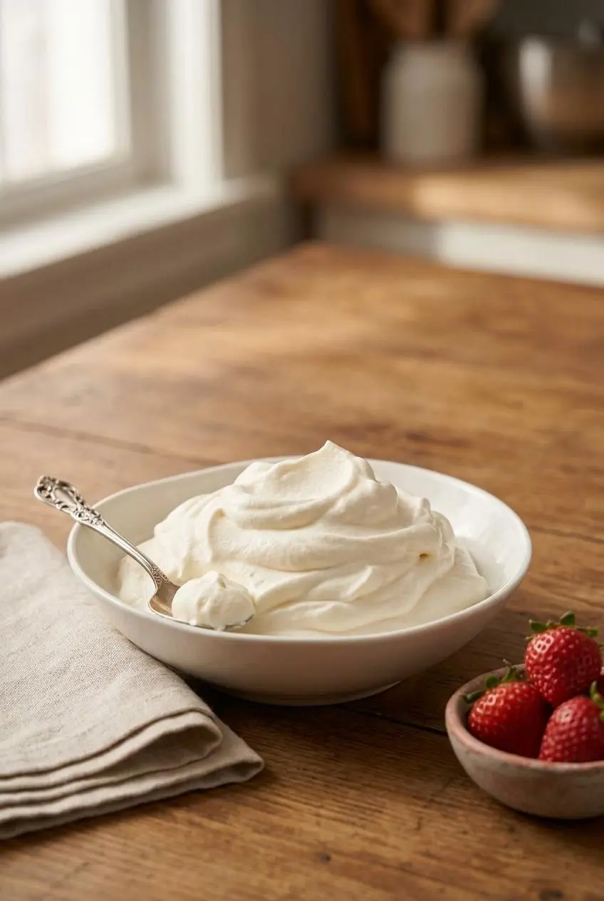 A bowl of fluffy keto whipped cream served with fresh strawberries on a rustic wooden table.