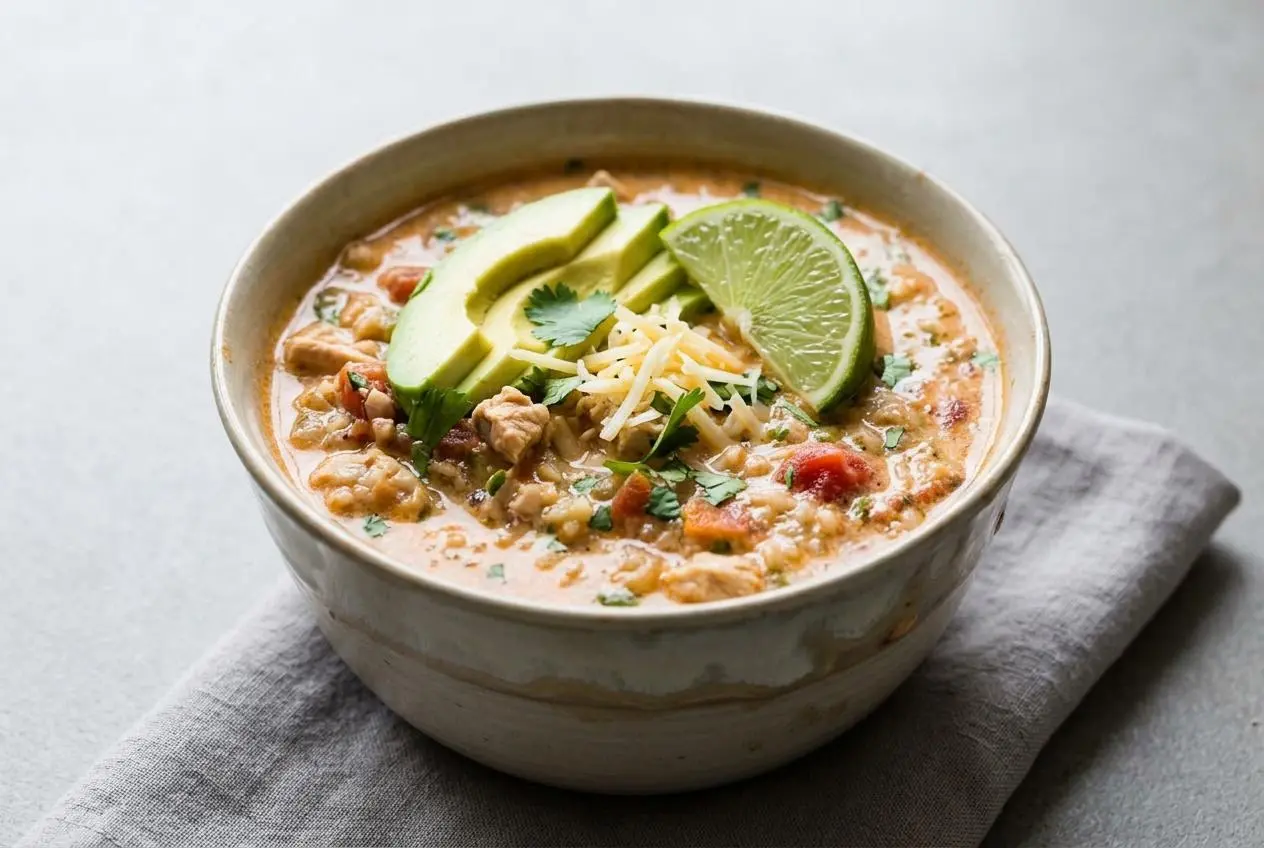 Creamy keto white chicken chili in a bowl with tender shredded chicken and cauliflower rice.