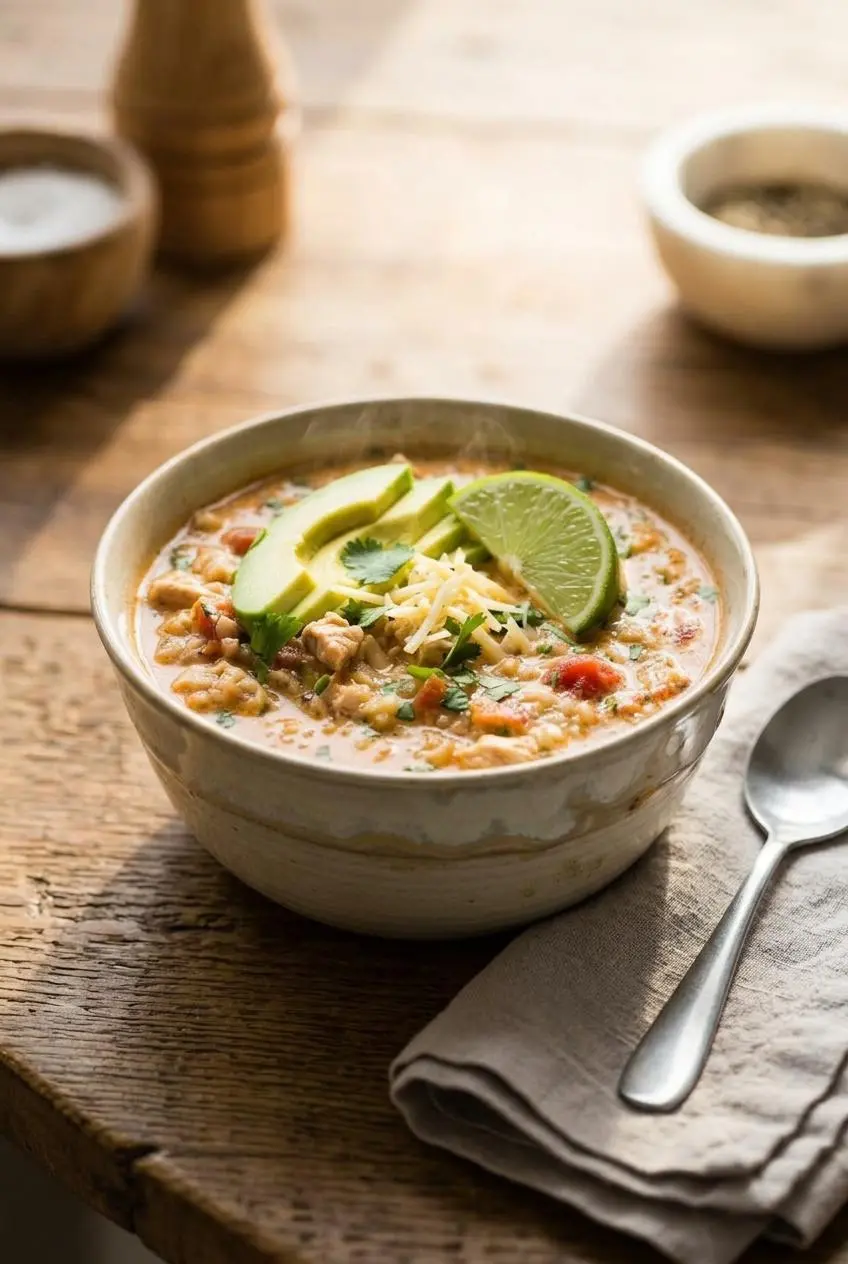 Bowl of keto white chicken chili on a rustic wooden table topped with avocado, cilantro, and lime.