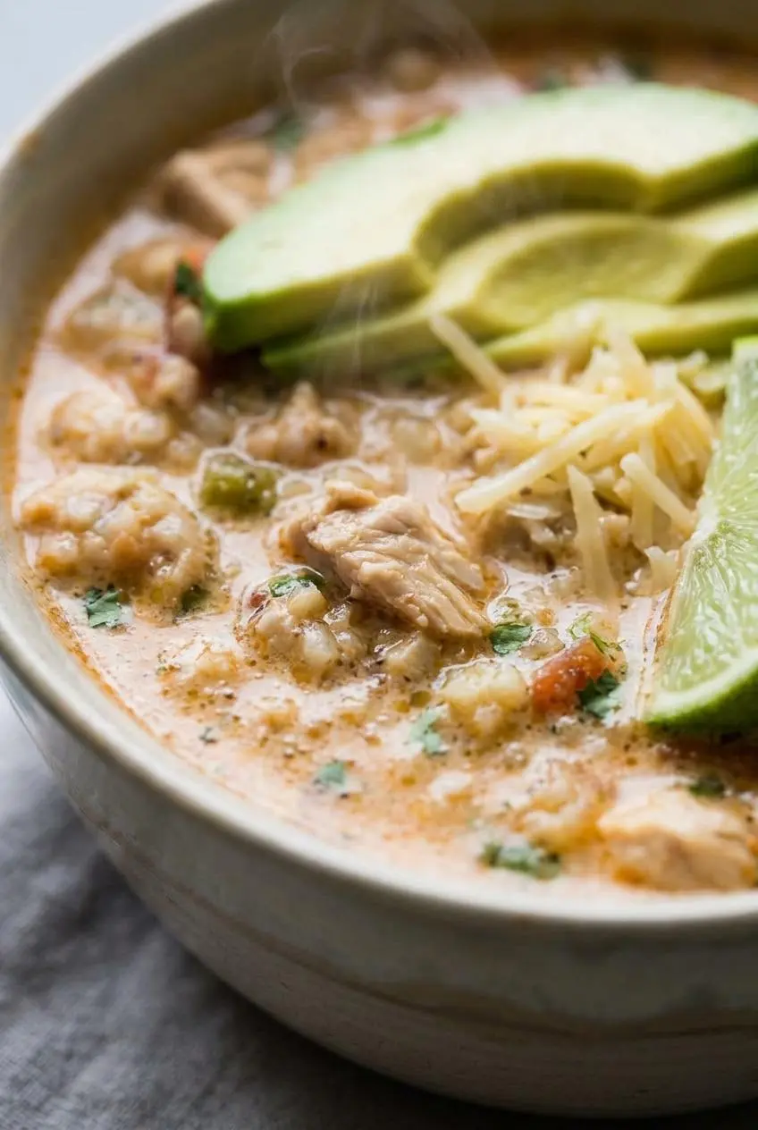 Close-up of thick keto white chicken chili broth clinging to shredded chicken and cauliflower rice.