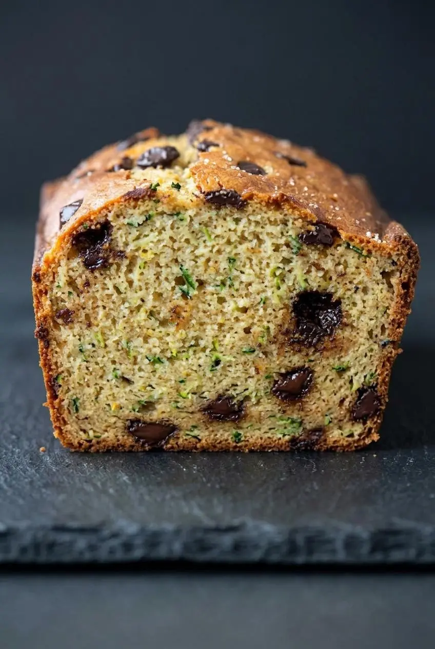 Macro view of a single thick slice of keto zucchini bread showing its moist crumb texture and chocolate chips.