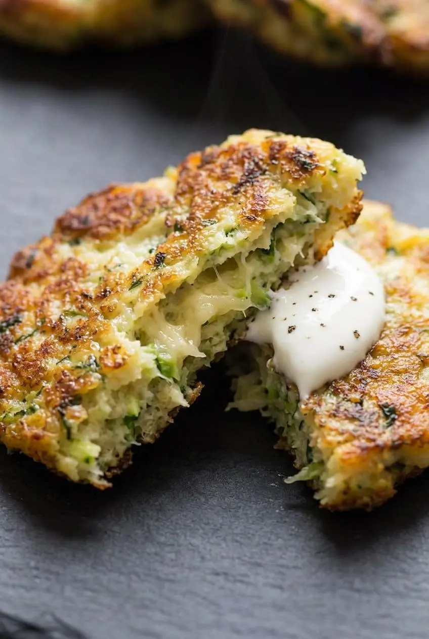 Close-up of a broken keto zucchini fritter showing a crisp exterior crust and moist, cohesive vegetable center.