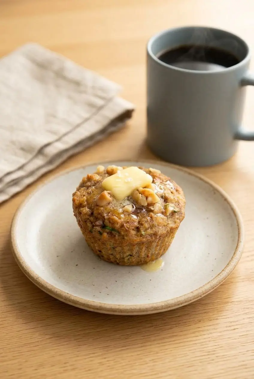 Warm keto zucchini muffin served on a ceramic plate with melting salted butter and morning coffee.