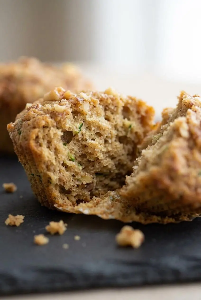 Split keto zucchini muffin showing an airy, moist interior crumb with fine zucchini flecks and walnuts.