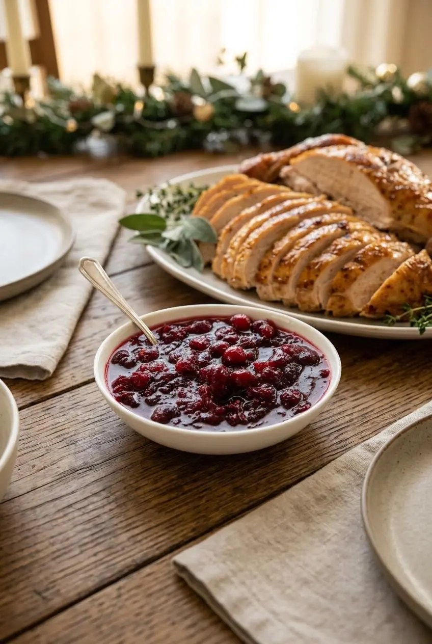 A bowl of keto cranberry sauce with a silver spoon served next to a platter of roasted turkey breast.