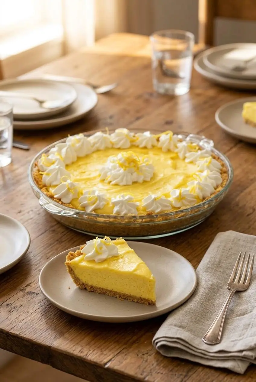 Whole keto lemon pie on a wooden table alongside a plated slice topped with fluffy whipped cream and fresh lemon zest.