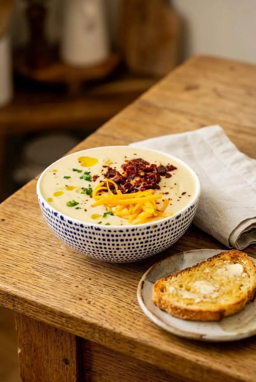 Loaded cauliflower soup topped with crumbled bacon, chives, and melted cheddar next to low-carb bread.