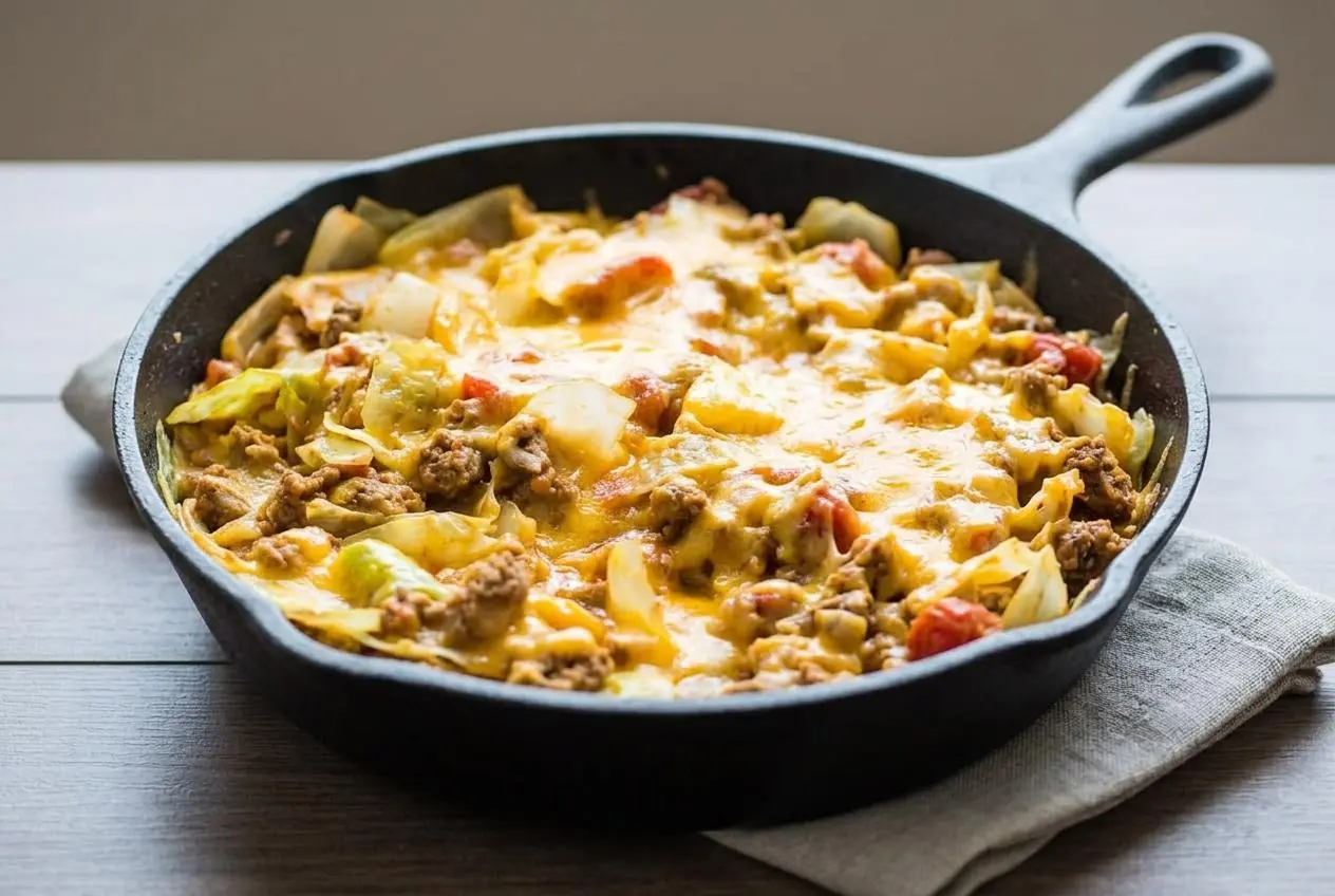 Low Carb Cheesy Cabbage Casserole in a cast iron skillet with melted cheese and savory ground beef.