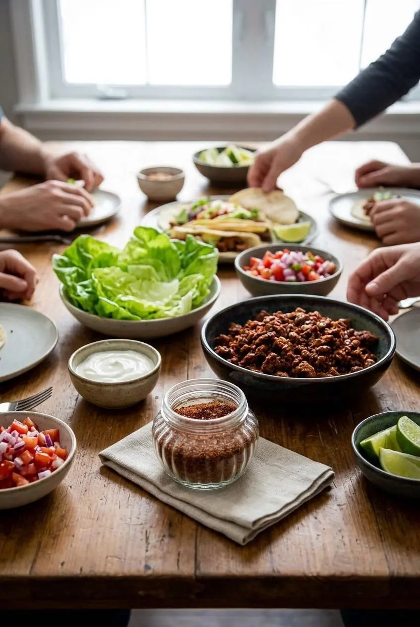 Ceramic bowl of chipotle taco meat served on a wooden table with fresh green lettuce cups and sour cream.