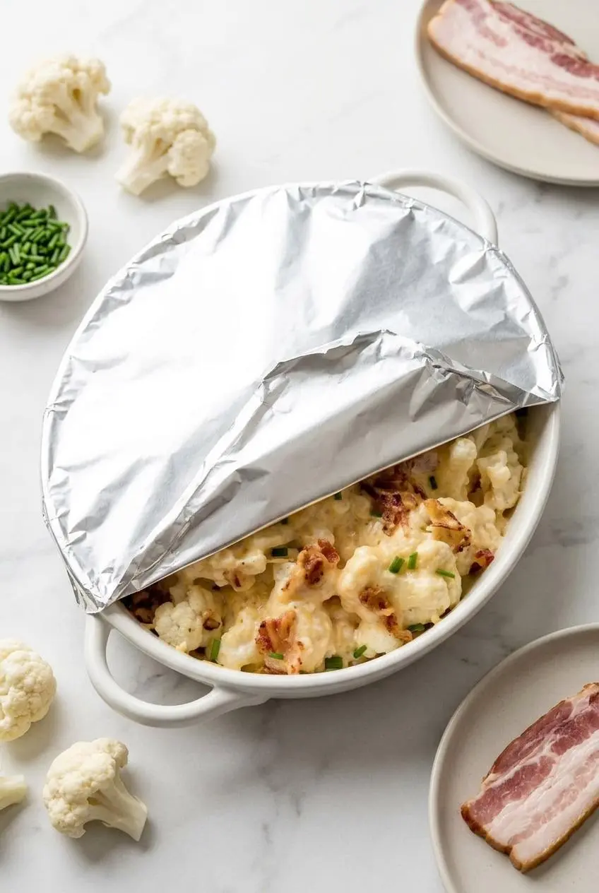 Unbaked keto cauliflower casserole in a ceramic dish, covered in aluminum foil with one corner folded back.