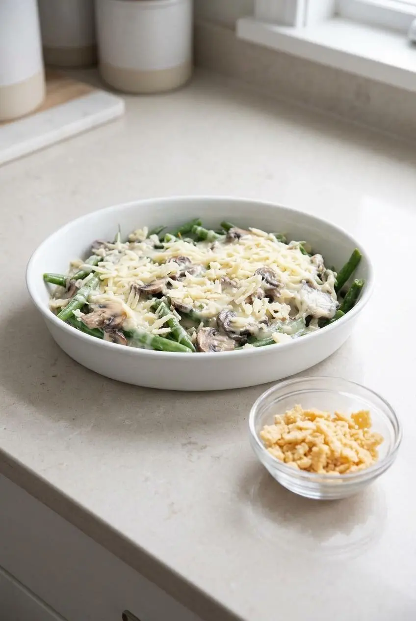 Assembled low carb green bean casserole in a baking dish next to a small glass bowl of dry crumbled Parmesan crisps.