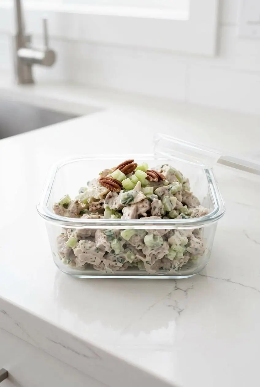 Keto chicken salad stored in a clear glass meal prep container with a secure lid on a white countertop.