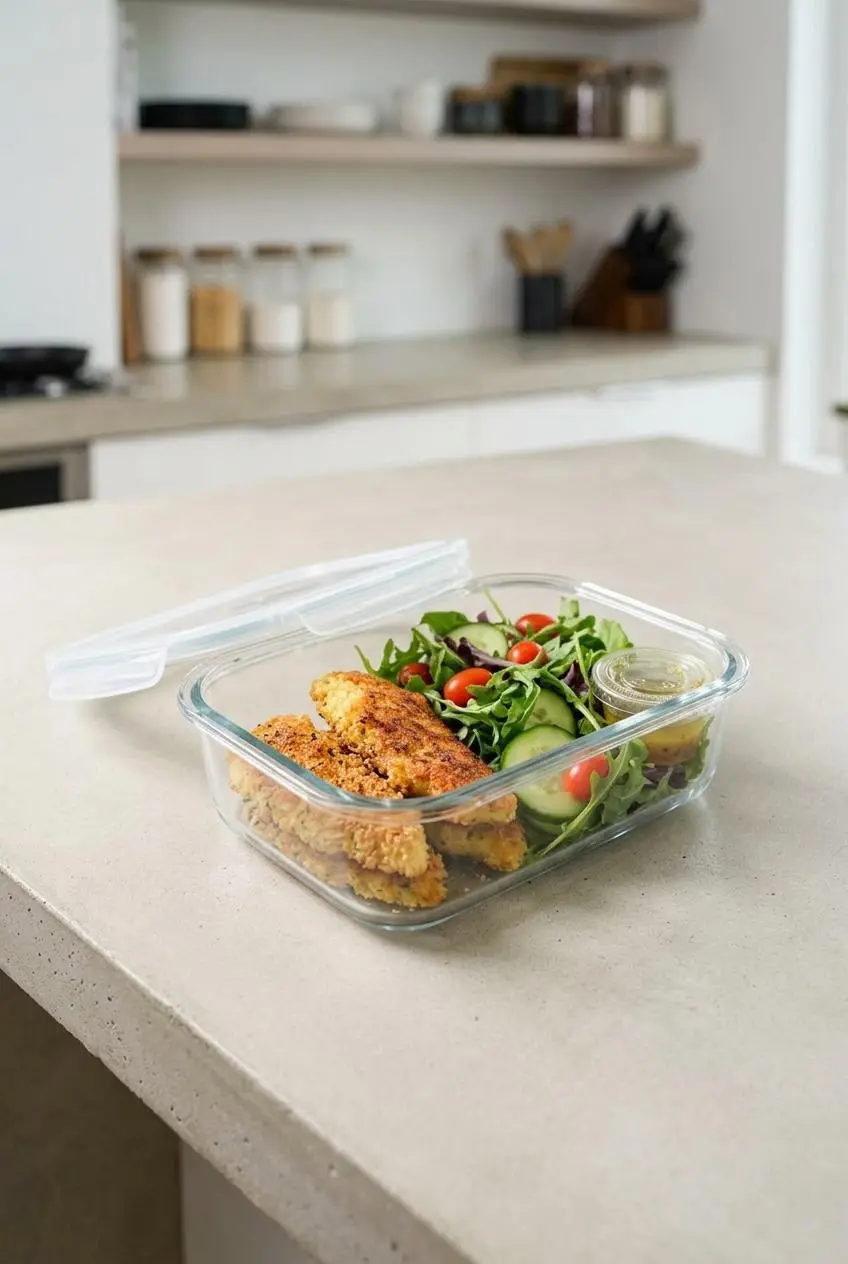 Cooked keto chicken tenders packed in a glass meal-prep container with fresh green salad.