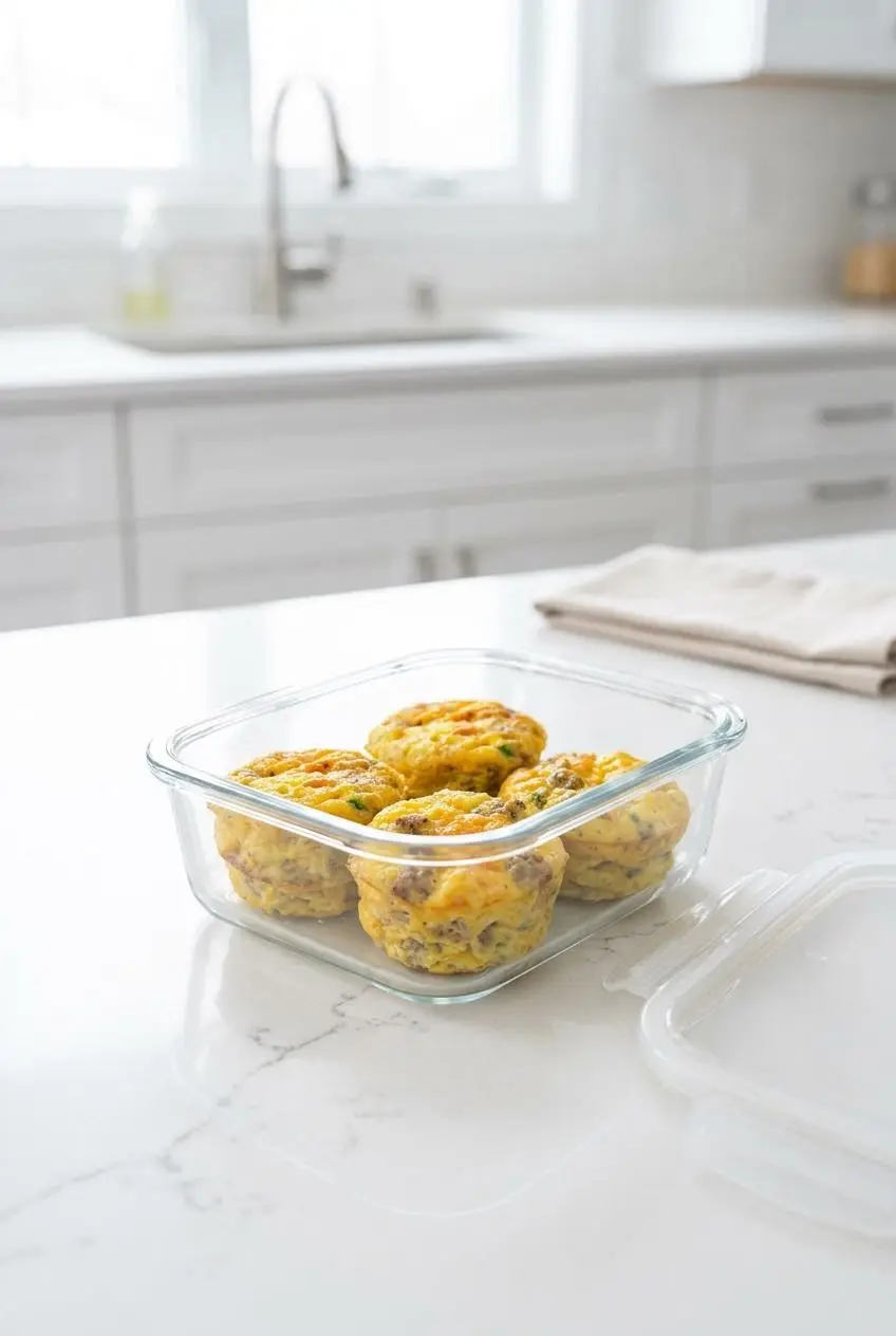 Four baked egg muffins stored neatly in a clear glass container on a clean kitchen countertop.